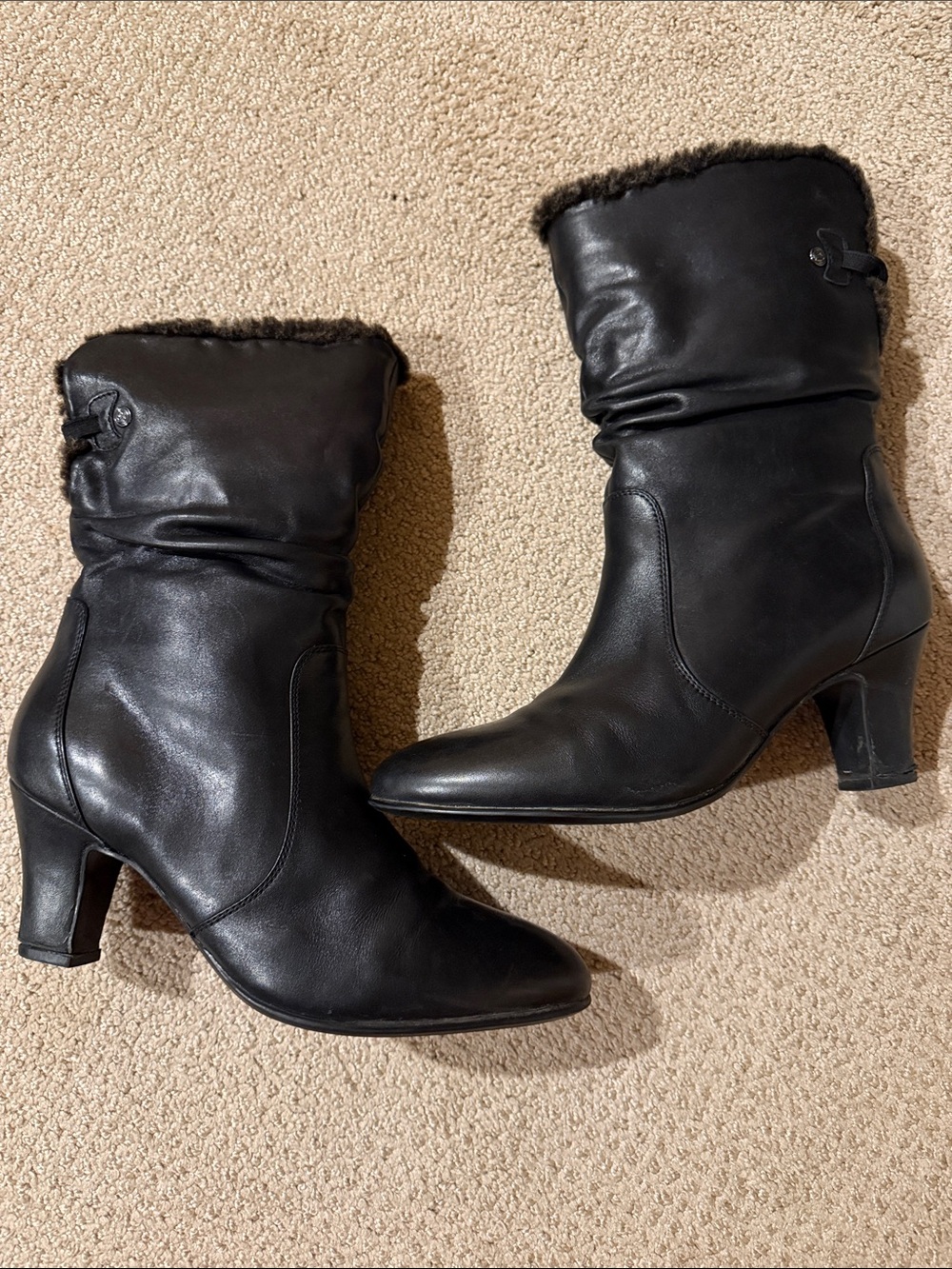 Blondo Black Leather Mid-Calf Heeled Boots with Fur Trim